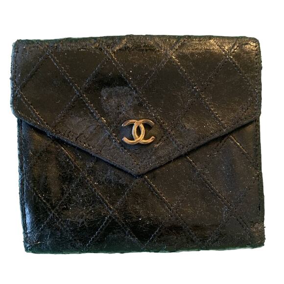 Chanel Vintage Black Leather Folding Wallet - Picture 1 of 8